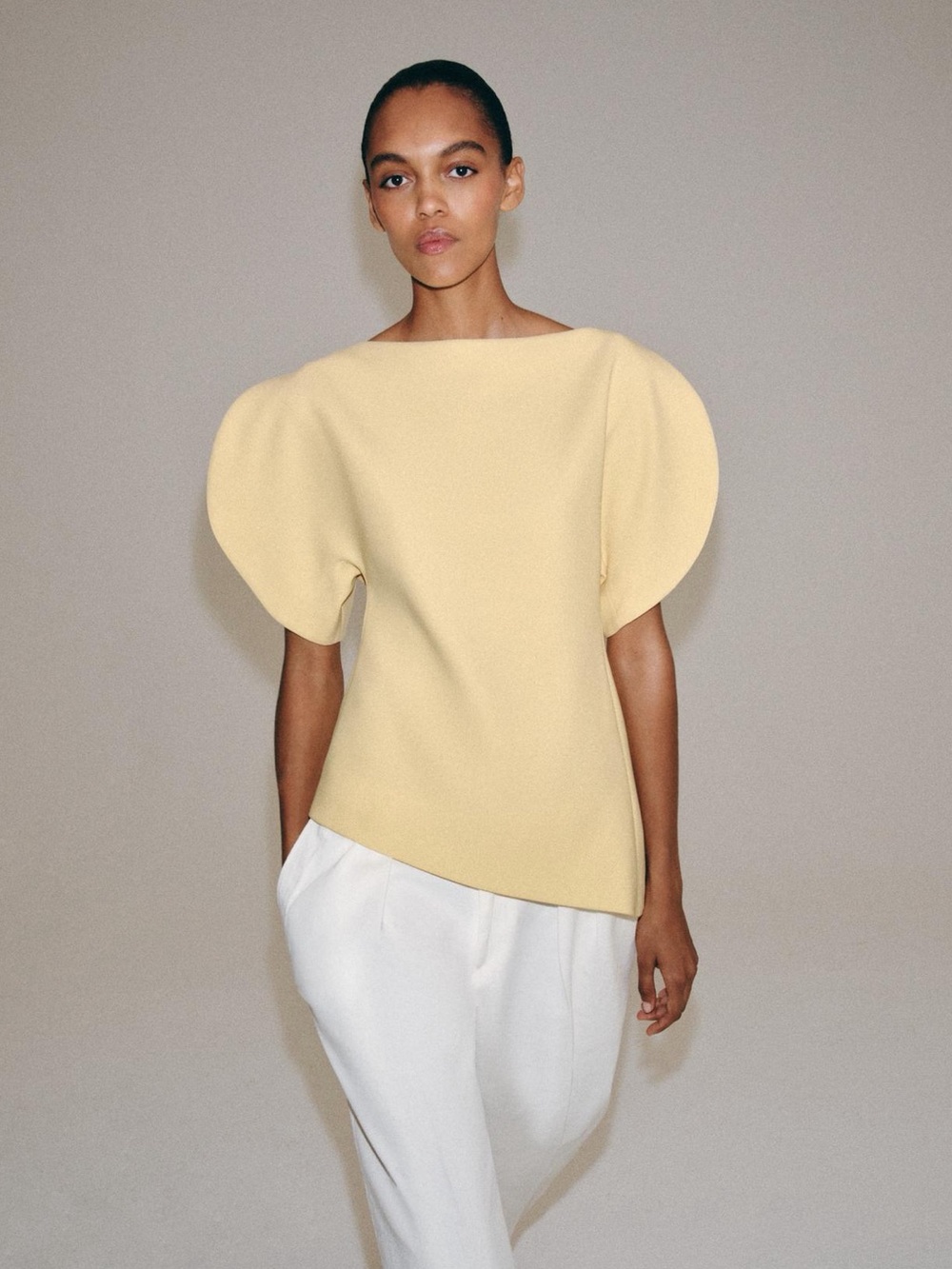 Zara Pale Yellow Sculpted Puff Sleeve Top - Picture 2 of 8